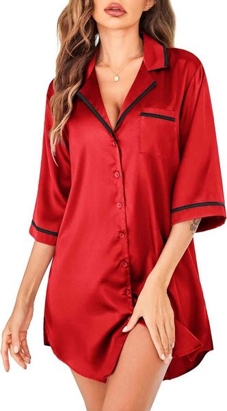 

pyjamas ekouaer women's satin nightwear buckle up nightwear 3/4 sleeve nightwear v-neck boyfriend nightwearlf230908, Red;black