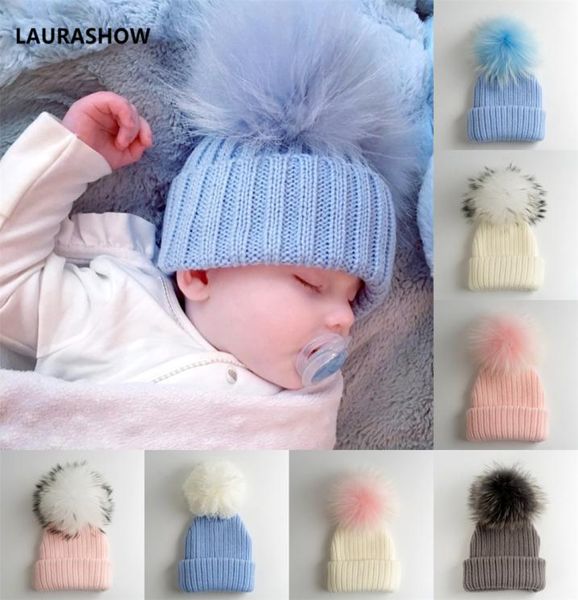 

laurashow kids winter fur pompoms fur ball cap boys girls beanie fur knit child wool hat d181106016192110, Blue;gray