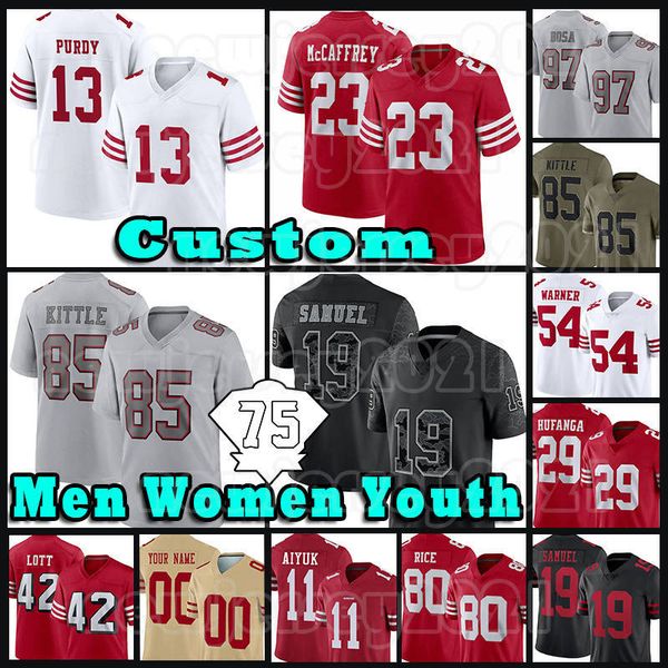 

george kittle brock purdy football jerseys niners christian mccaffrey deebo samuel nick bosa talanoa hufanga brandon aiyuk sam darnold fred, Black;red
