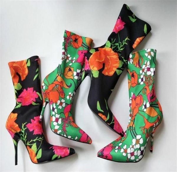 

fashion runway socks boots women elastic stilettos floralprint plain socks boots pointed toe zapato mujer250k1234483, Black