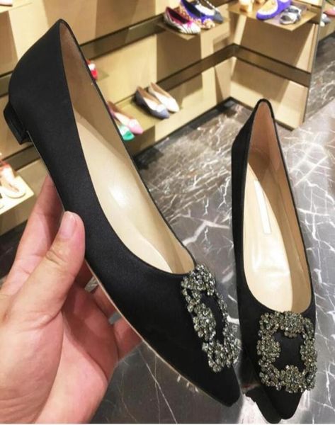 

2021 new pointed flat sole single shoes women039s buckle flat heels real silk satin water drill light mouth red wedding shoes 31698710, Black