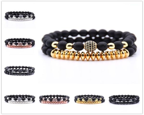 

2pcsset micro pave cz disco ball 8mm natural stone energy bead bracelets bangles women classic punk gold silver men bracelet6785490, Black