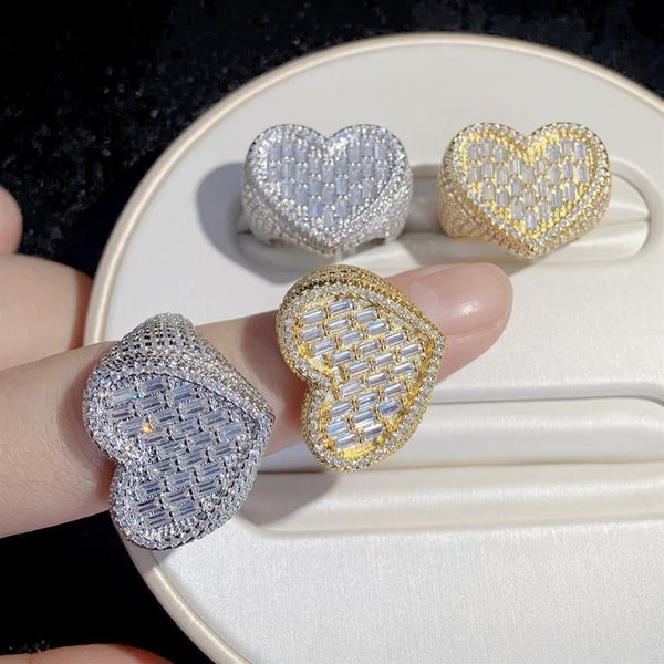 

big heart shaped ring full paved white baguette cz iced out bling square cubic zircon fashion lover jewelry for women men306f, Silver