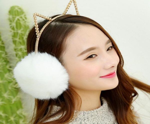 

women diamonte trimmed fur cat earmuffs winter warm 2in 1 rhinestone headband ear muffs 10pcslot6833713, Blue;gray