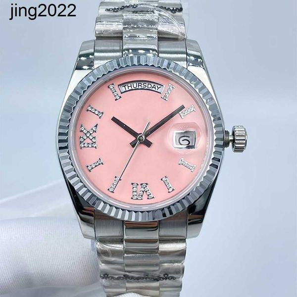 

luxury full mosonite diamond mechanical watch quartz movement waterproof 36mm full stainless steel women wristwatch weekly calendar roman pi, Slivery;black