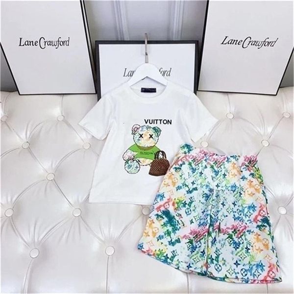 

new summer male and female babies with the same two-piece cotton letter plaid trend all casual short-sleeved suit size 90-160cm g054, White