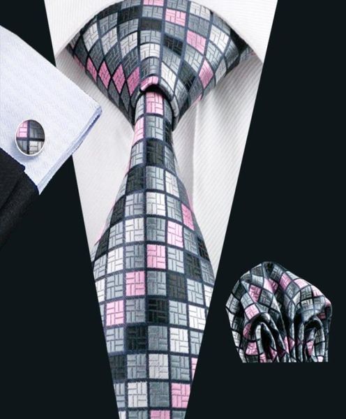 

grid gray pink silk tie hanky cufflinks mens set jacquard woven classic 85cm width wedding party business n04824450878, Black;blue
