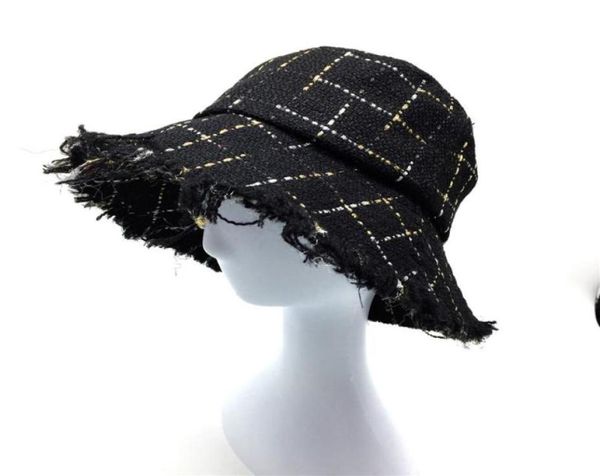 

women plaid tweed bucket hat with gold and silver lurex ladies girls black checks hats raw edges female warm winter wide brim1093019, Blue;gray