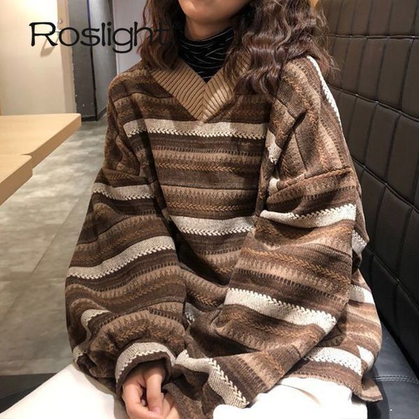 

women's sweaters knitted sweaters women casual v neck stripe pullover sweater autumn-winter retro jumper harajuku oversized loose sweat, White;black