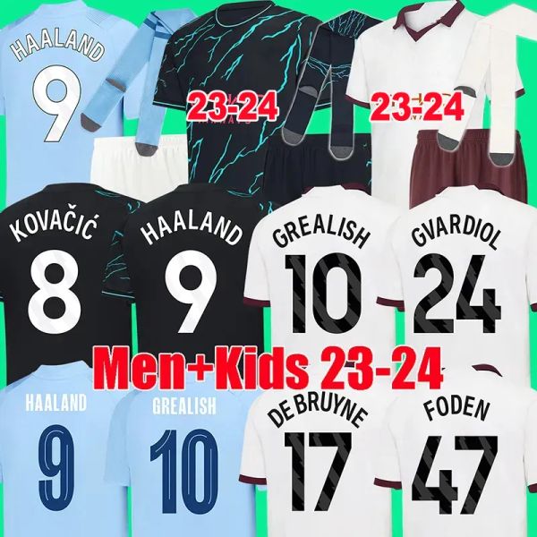 

2023 2024 de bruyne haaland soccer jerseys foden grealish mahrez mans cities football shirt bernardo phillips rodrigo 23 24 ytic nam man kid, Black;yellow