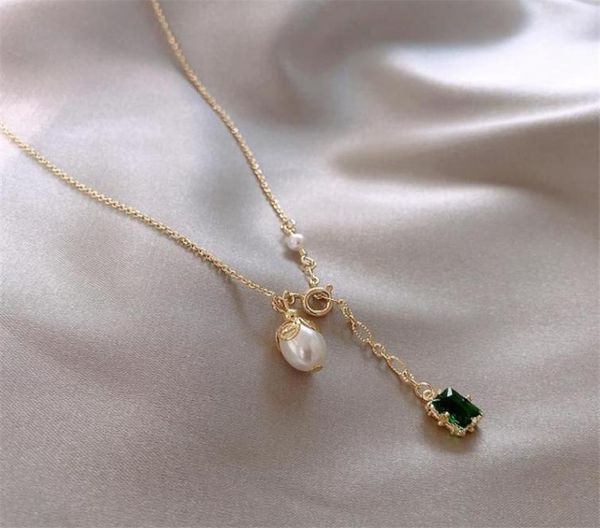 

linmouge korean green nature stone pearl pendant gold color necklace for women personality temperament chain jewelry nf10 chains4277468, Silver