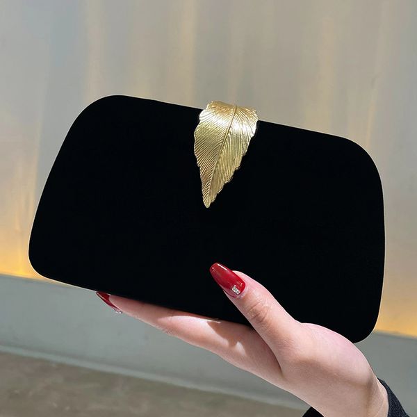 

Fashionable women bag 2 colors ladies temperament alloy hard box handbag solid color banquet dress clutch bag minority design gold leaf womens handbags, Black