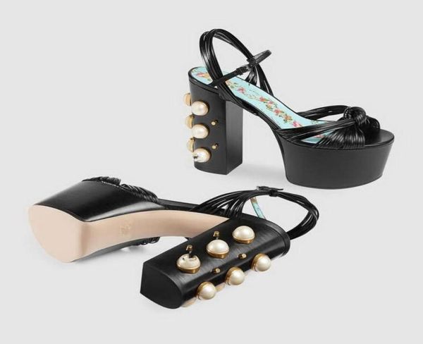

2019 ladies pearl 125cm chunky high heel pine cake thick bottom printed open peeptoes 5cm platform sandals shoes 2 colo1724185, Black