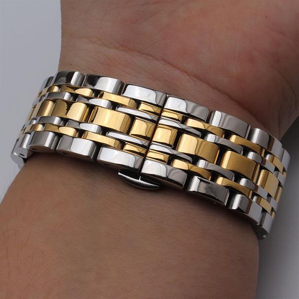 

7beads watchbands stainless steel watch strap bands silver and gold mixed color staight ends watchbands 14mm 16mm 18mm 20mm 22mm 2347g, Black;brown