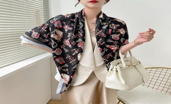 

2023 women shawls slik printing stripe scarf square towel ladies elegant women four seasons multifunction ring 130x130cm4380274, Blue;gray