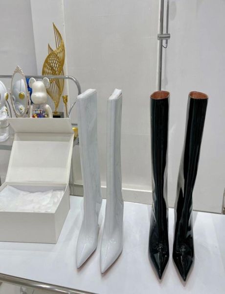 

2022 new high heel fashion patent leather high boots black pointed toe stiletto side zip but knee1977527