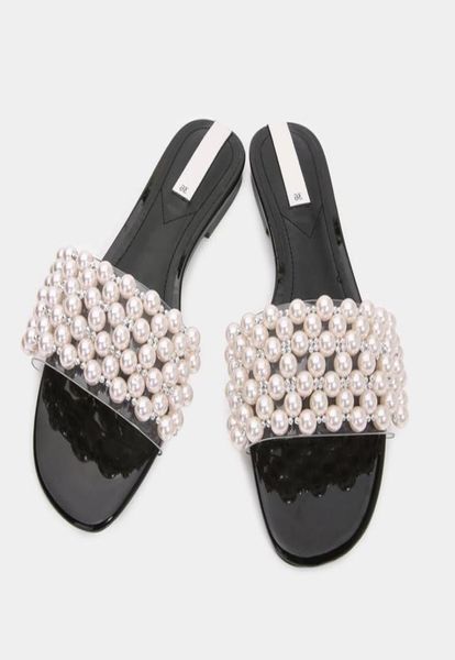 

slippers women high pearl heel slides women beach style high heel sandals square string beads slides summer76434152905693, Black