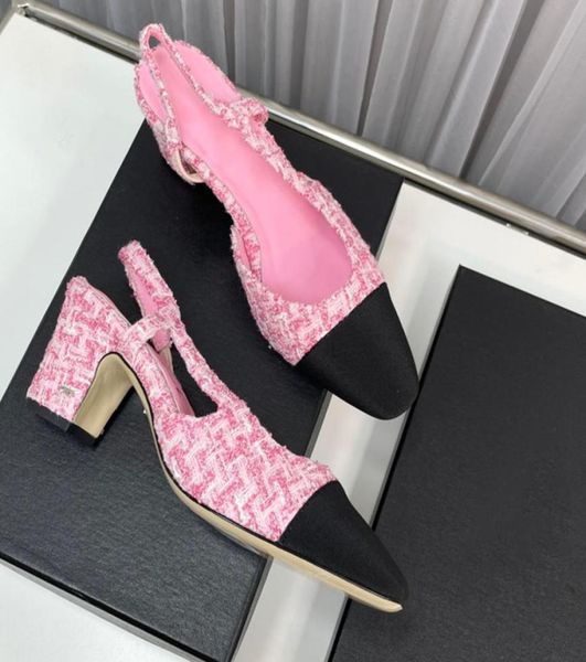 

womens dress shoes chunky heels 6cm tweed classic pink denim slingbacks sandals square toes slip on wedding shoe retro slipper lad3296774, Black