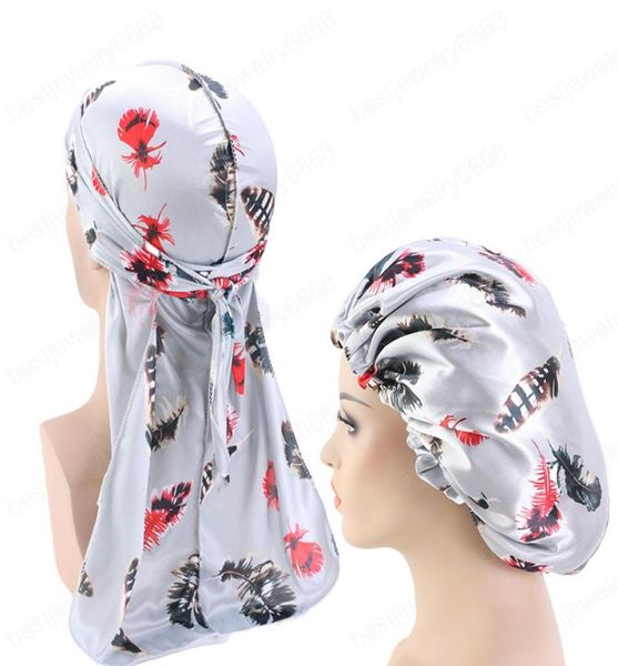 

new print silky satin durag match silk bonnet for women silky bandanas for men long tail durags wave cap sleep cap5450483, Blue;gray