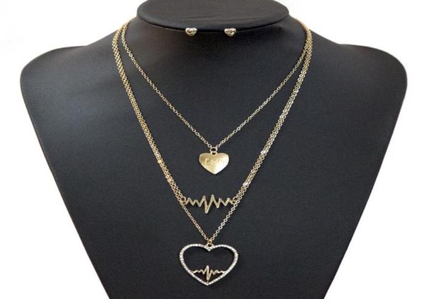 

princess bride bridesmaid romantic wedding creative necklace earring set fashion luxury crystal charm goldplated silver heart acce4261316, Slivery;golden