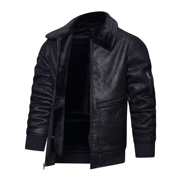 

mens leather fur jacket coat casual multi-pocket lapel short velvet autumn and winter new, Black