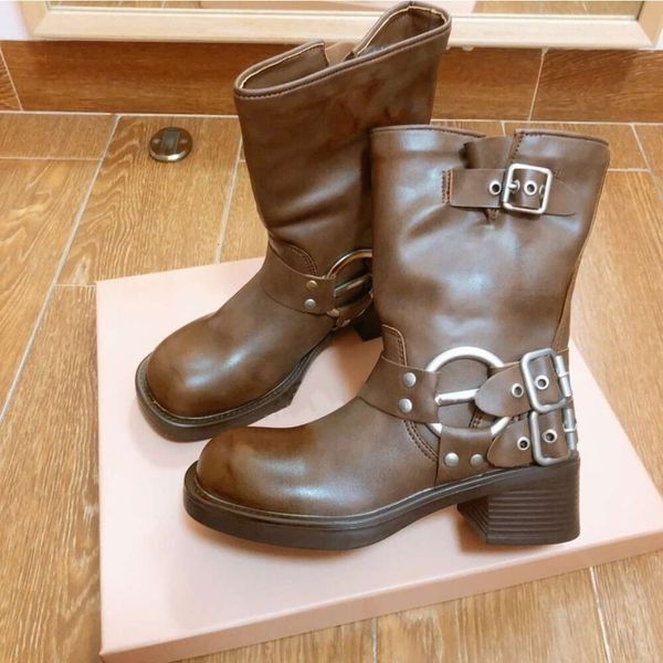 

vintage belt buckle moto biker boots for women mius chunky heels leather ankle boots round toe knight boots designer logo boot brown black c