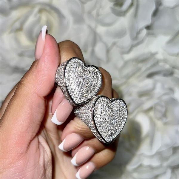 

micro pave cz full finger ring for women big heart shaped valentine's gift ice out bling cocktail rings336p, Silver