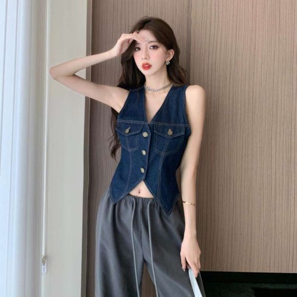 

style rejuvenated hong kong womens vest sleeveless collar buttoned up slim fit cowboy pure desire short, Black;white