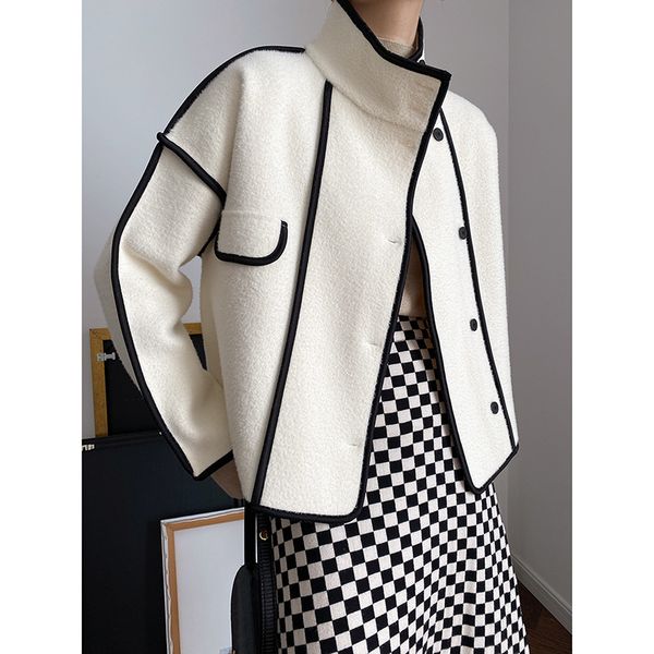 

sinan noble pearl velvet coat for women 2023 autumn and winter new contrast color binding stand collar short coat sn0593, Black;brown
