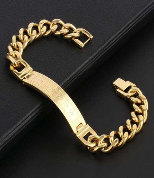 

stainless steel jesus bracelet gold color cuba chain bracelets fashion christ religious jewelry for men85562236020276, Black
