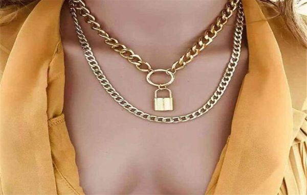 

diezi multilayer vintage circle lock pendant necklace punk fashion gold color metal chain choker necklaces for women jewelry3997788, Silver