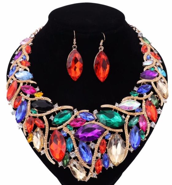 

african costume jewelry sets gold plated fashion wedding women bridal accessories rhinestones crystal earring necklace set9188318, Black