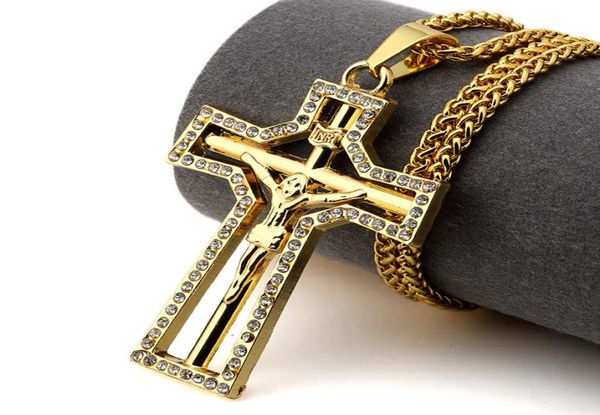 

rapper 24k gold plated jesus cross pendants necklace hip hop style golden crucifixio pendant cuban chain necklace roc5047268, Silver