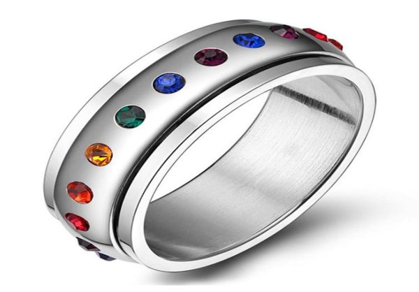 

mens womens colorful cubic zirconia inlay lgbt gay pride stainless steel rotatable rainbow ring1628089, Silver