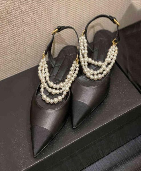 

pearl chain baotou sandals 2022 new color matching pointed flat bottom french ladies shoes leather high heels5393422, Black