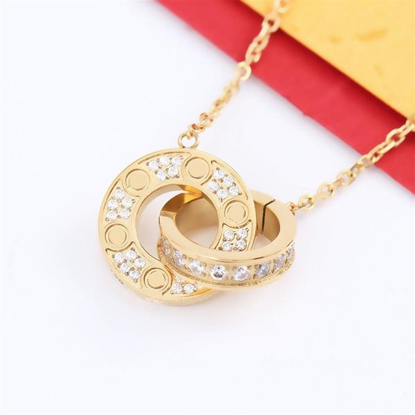 

luxury fashion necklace designer jewelry party double rings diamond pendant rose gold necklaces for women fancy dress long chain j2214, Silver