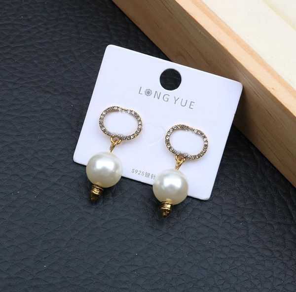 

double letters designer earrings pearl earrings ladies charm jewelry crystal long studs ins style studs whole8785616, Golden