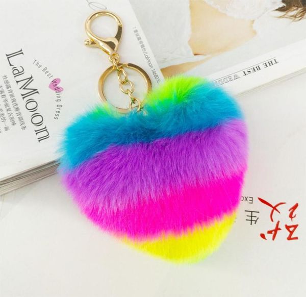 

heart pompoms keychain rainbow plush balls key chains decorative pendant for women bag accessories keychains car fashion keyring6847372, Silver