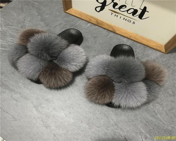 

pom pom fur slippers for women fluffy real fur slides furry raccoon sandals ladies cute ball flip flops rainbow shoe6042138, Black