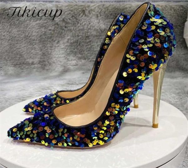 

tikicup blue bling sequin extremely high heels pointed toe slip on stiletto chic pumps ladies party wedding shoes 2201143457055, Black