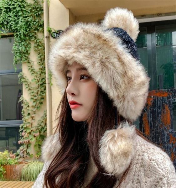 

beanieskull caps fashion knitted fur hat russian winter women cap with two pompoms hats warm fluffy stylish female tail beanie7082595, Blue;gray