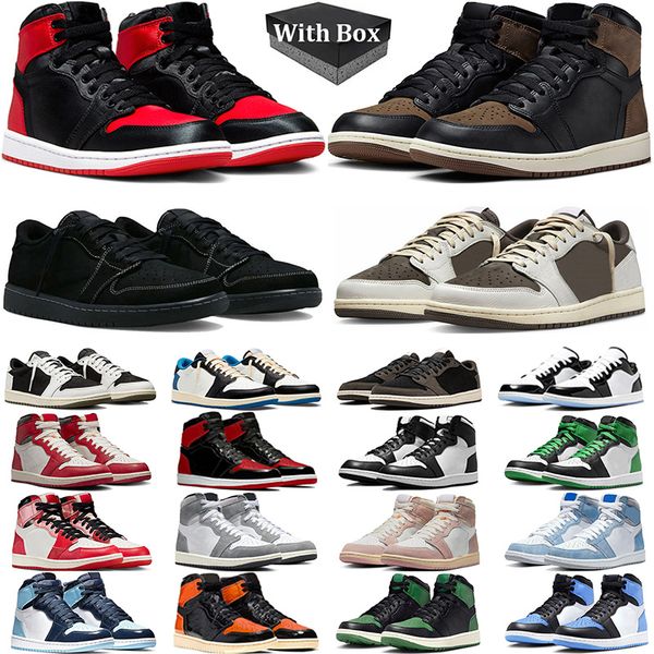 

with box 1 basketball shoes men women 1s satin bred palomino low black phantom reverse mocha olive lost found lucky green mens trainer sneak