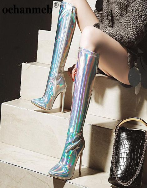 

woman 12cm stiletto heels pointed toe knee high boots women female holographic mirror silver gold party club dancing boots shoes4005795, Black