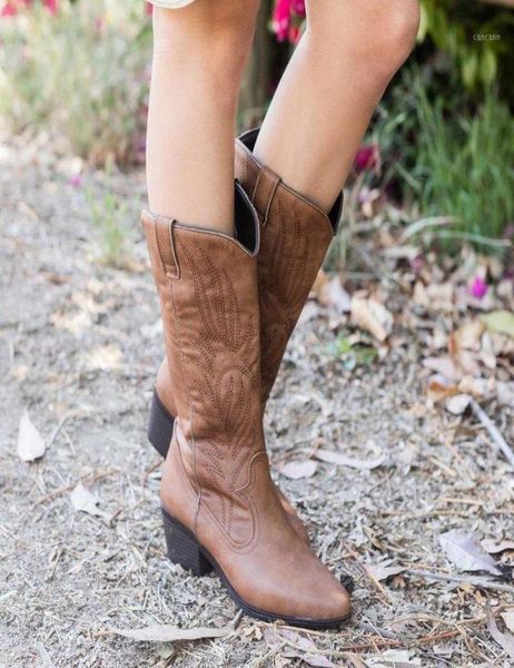 

2020 classic embroidered western cowboy boots for women leather cowgirl boots low heels shoes knee high woman16991734, Black