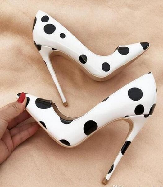 

fashion polka dot print patent leather stiletto high heels 12cm ladies slip on pointed toe pumps girls shoes women white party wed3042634, Black