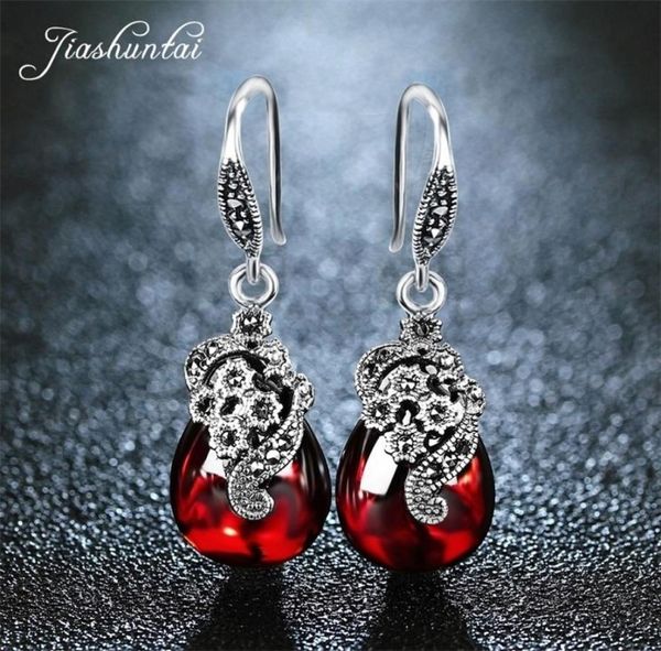 

jiashuntai retro 100 925 sterling silver earrings for women vintage natural chalcedony garnet ruby earrings jewelry female 2103176982837