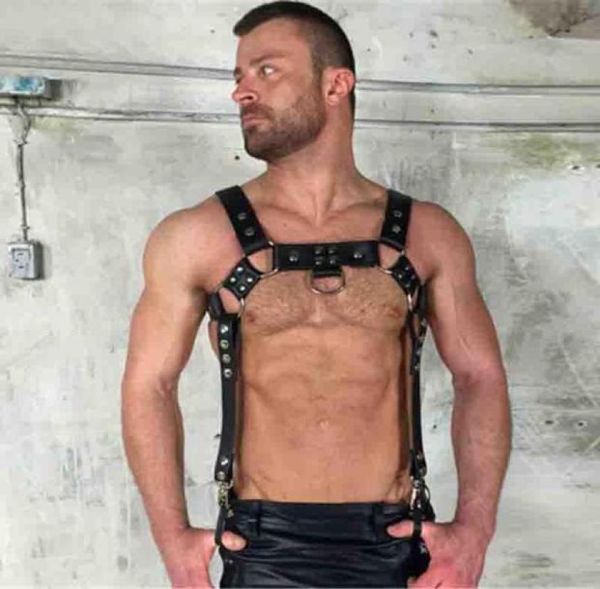 

suspenders pu leather rivets metal o rings chest shoulders harness belts men body bondage straps goth punk adjustable8185067, Black;white