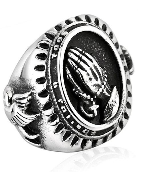 

men fashion vintage 316l stainless steel blessed virgin mary pray hand religious ring lucky power the praying hands rings silver 8030548