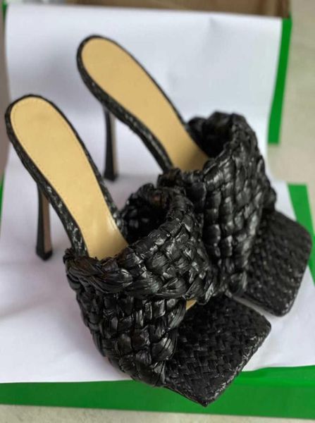 

women stretch flat sandals intrecciato raffia mule slides elongated squared toe 9cmhigh heels real leather slippers wi7998217, Black
