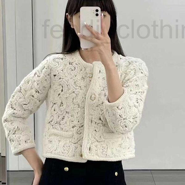 

women's knits & tees designer knitted hollow out round neck long sleeved cardigan style coat 2023 autumn/winter new hooked sweater uhmz, White